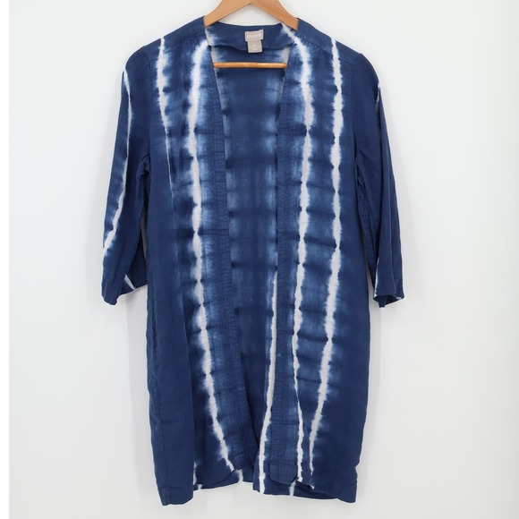 Chico's Tie-Dye Linen Kimono Womens Blue White Coastal Beachy Boho Size 0P/4P - Picture 1 of 8